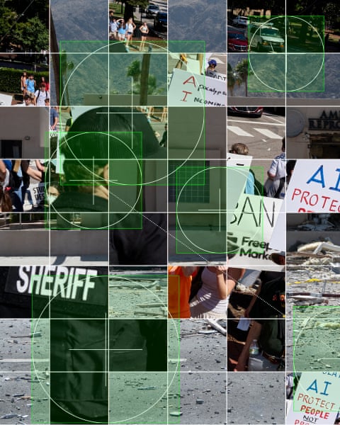 A grid of protest, police and storm-debris photos overlaid with blob-detection graphics