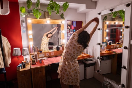 Bel Powley stretches in her dressing room at the Old Vic as she prepares for her role as Annie in Tom Stoppard’s The Real Thing.