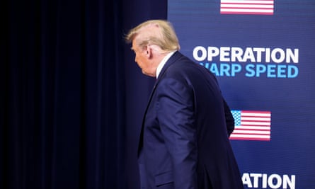 Donald Trump leaves after speaking at his ‘vaccine summit’ with his own supporters and staff.