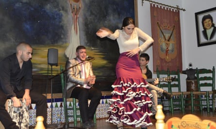 Female flamenco dancer and backing band at Peña La Platería flamenco club, Granada, Spain