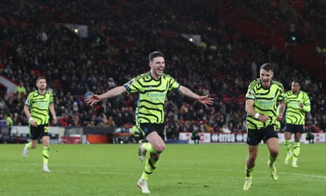 Declan Rice celebrates his goal during the Premier League match between Sheffield United and Arsenal at Bramall Lane on 4 March 2024