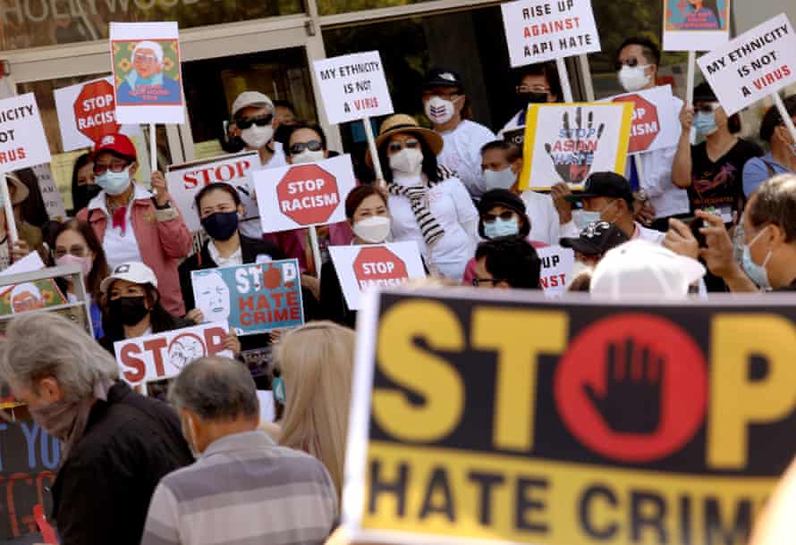 Members of the Thai-American community along with political leaders and members of law enforcement participate in a rally against Asian hate crimes in Thai Town in Los Angeles on 8 April 2021.