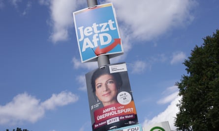 Posters for the AfD and BSW parties are seen above one another mounted on a lamp-post, photographed against a blue sky with some white clouds.