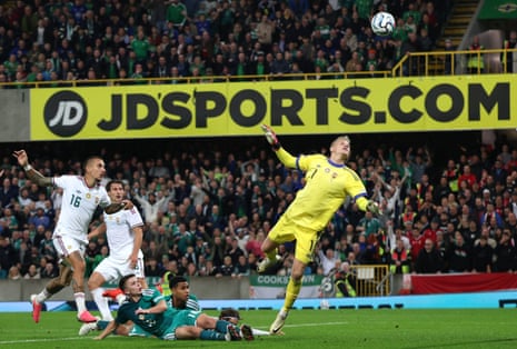 Northern Ireland's Patrick Kelly attempts a shot on goal.