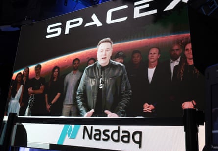 The SpaceX founder and CEO Elon Musk speaks via video at the Nasdaq Marketsite in Times Square during the launch of the SpaceX initial public offering in New York City.