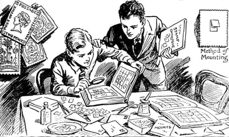 ‘Joys of  Stamp Collecting’, 1937. Black and white illustration from The Children’s Golden Treasure Book for 1937.