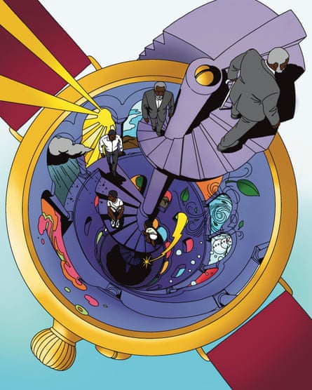 An illustration of a gold wristwatch viewed from above, with its face removed to reveal a spiral staircase winding downward into the watch. The staircase is populated by a man at various stages of life, from childhood to old age, ascending the stairs.