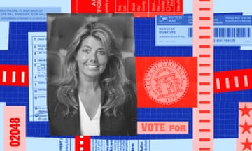 Graphic illustration of black-and-white image of white woman with long wavy hair smiling in portrait, surrounded by red, dark blue and light blue images of state seals and voter receipts.