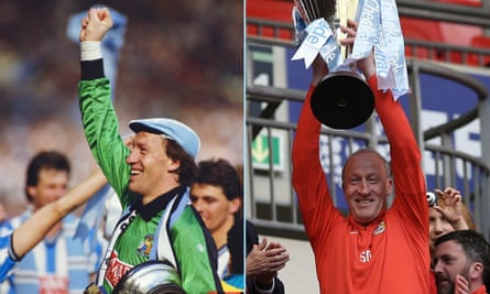 Steve Ogrizovic celebrates Coventry’s FA Cup final win of 1997 as a player and the Checkatrade Trophy triumph as a coach 30 years later.
