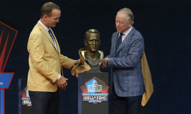 Peyton Manning alongside his father Archie as the former Colts quarterback’s bust is unveiled at the Pro Football Hall of Fame