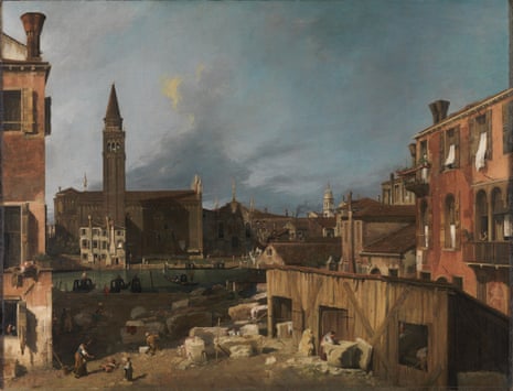 Oil on canvas painting of people working in a stone yard in 18th-century Venice. A large church towers in the background