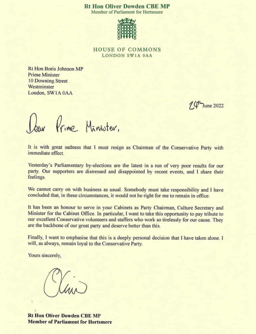 Oliver Dowden’s resignation letter.