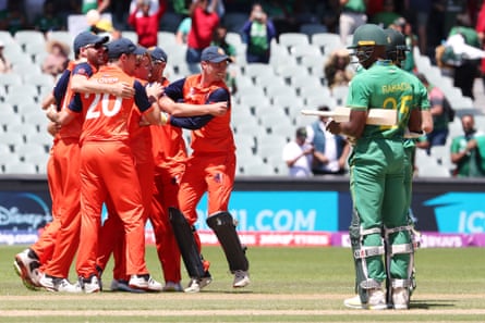 The Netherlands celebrate after beating South Africa.