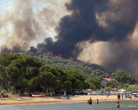 Smoke from a wildfire emerges above a thicket of trees, viewed from a beach where people are swimming in the water