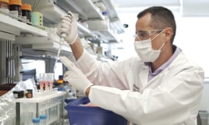 Researcher Nicolas Barthelemy works on a p-tau217 test for Alzheimer’s disease at a laboratory in St Louis, Missouri.