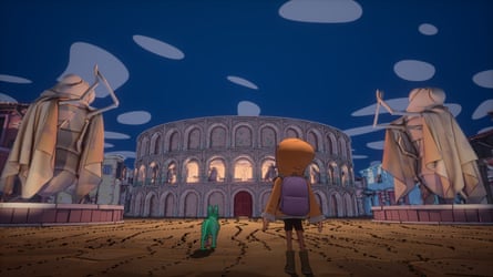 Animated film still showing a coliseum-type structure in an alien landscape, and a red-haired teen and green dog standing looking at it, with two large insect-like creatures floating to each side of them.