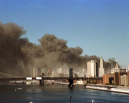 Smoke over the skyline of lower Manhattan
