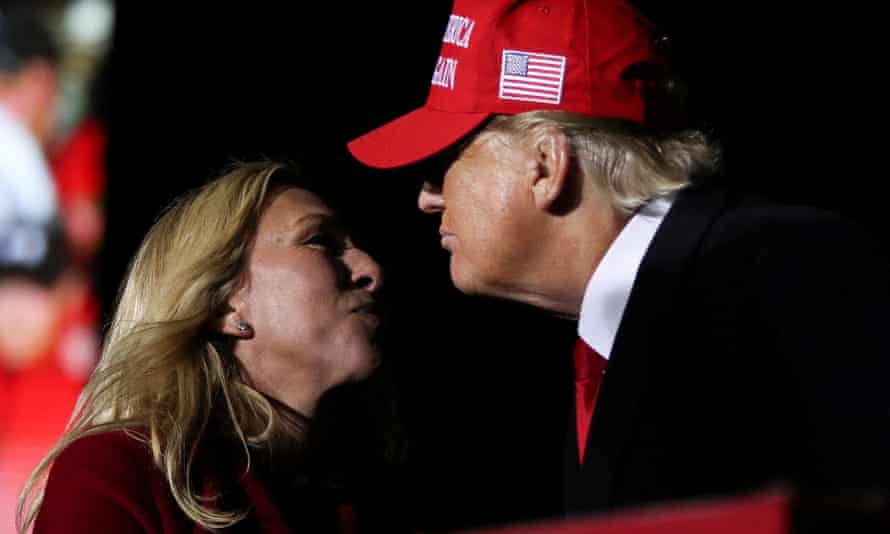 Representative Marjorie Taylor Greene and Donald Trump during a rally in Commerce, Georgia last month.