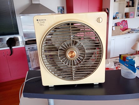 An old fan with a cream plastic surround sits on a table in a kitchen (with a black cat in the background)