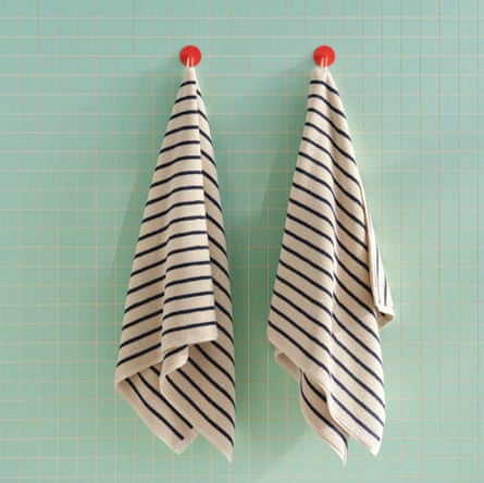 two striped towels hanging on hooks in bathroom