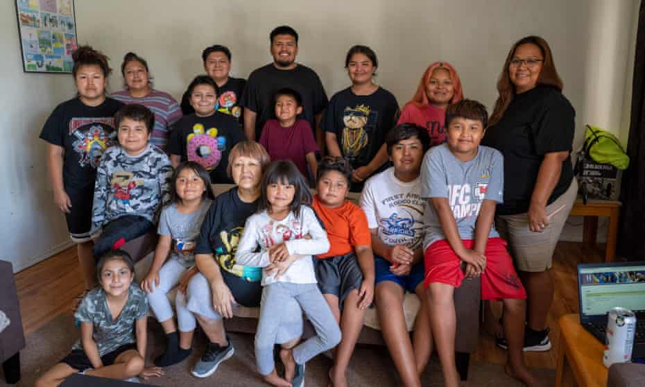 The extended Mariano family (Tammie on right) in their home in Shiprock. Internet access was a struggle for every age group.