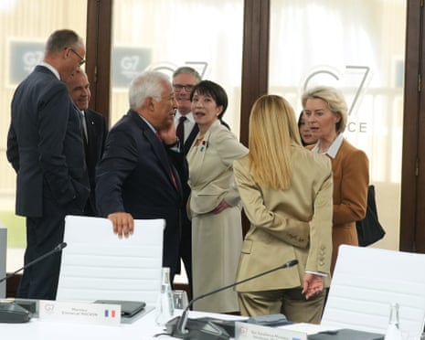 G7 leaders waiting for the beginning of a working session at the G7 summit in Evian-les-Bains, France.