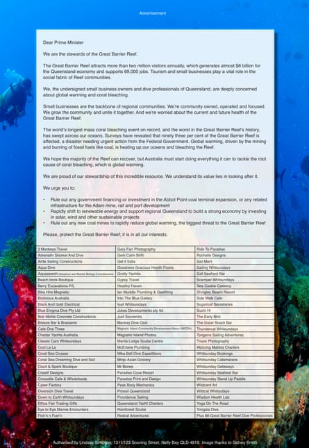 The letter published in the Mackay Daily Mercury signed by tourism operators concerned about the destruction of the Great Barrier Reef