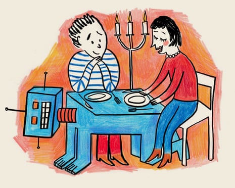 An illustration of people on a date with a robot on all fours being used as a table for a meal