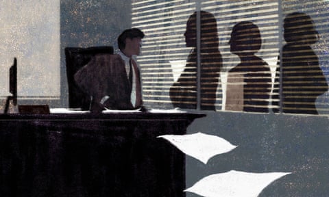 An illustration of a man at a desk, facing a line of people in silhouette.