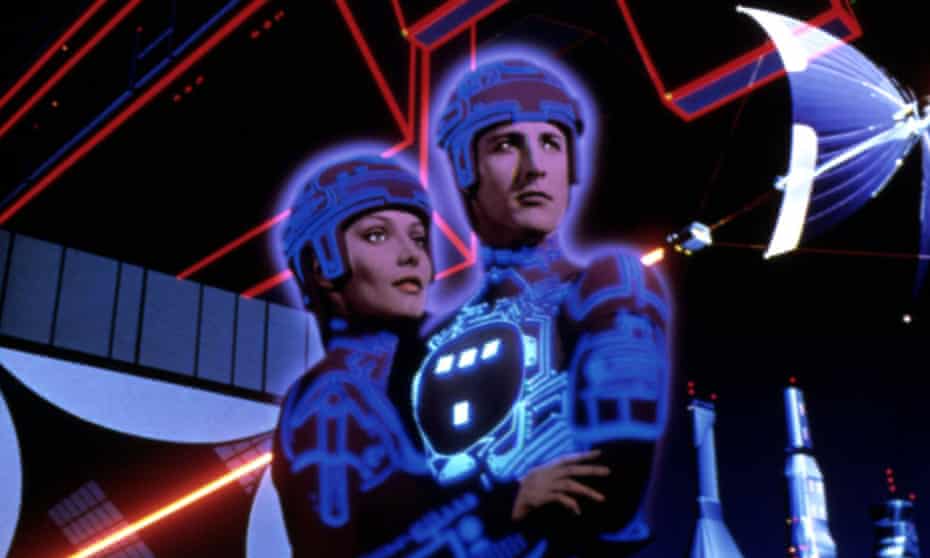 Part of the poster for TRON, the joyous 1982 film set in a grid.