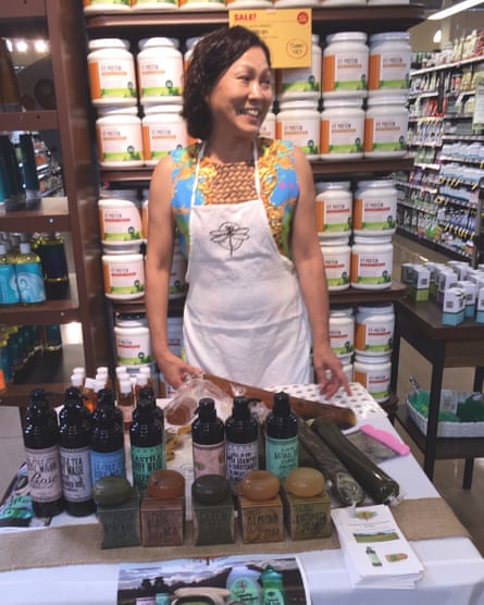 Unchon Ramos with a display of Virginia First Tea Farm products at a Whole Foods store in Newport News, Virginia.