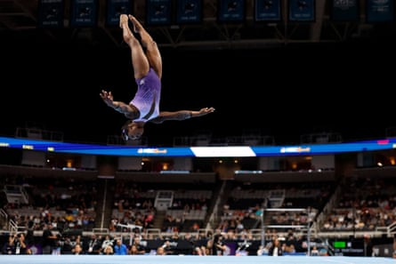 Simone Biles competes in the floor exercise on Friday night in San Jose.
