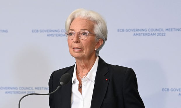 European Central Bank (ECB) President Christine Lagarde delivers a speech during a press conference after a Governing Council meeting focused on monetary policy in the euro zone in Amsterdam on 9 June 2022.
