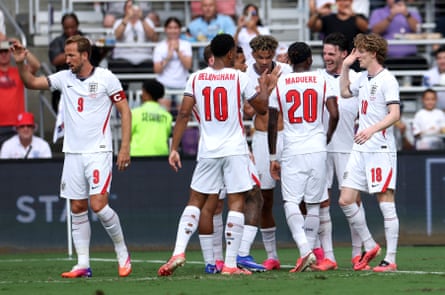 Declan Rice celebrates with England teammates