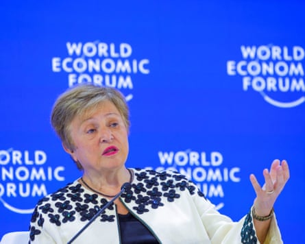Kristalina Georgieva speaking into a microphone on a stage