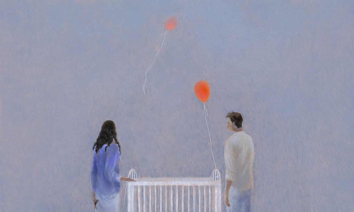 Illustration of a couple beside a cot, the woman having cut free a balloon