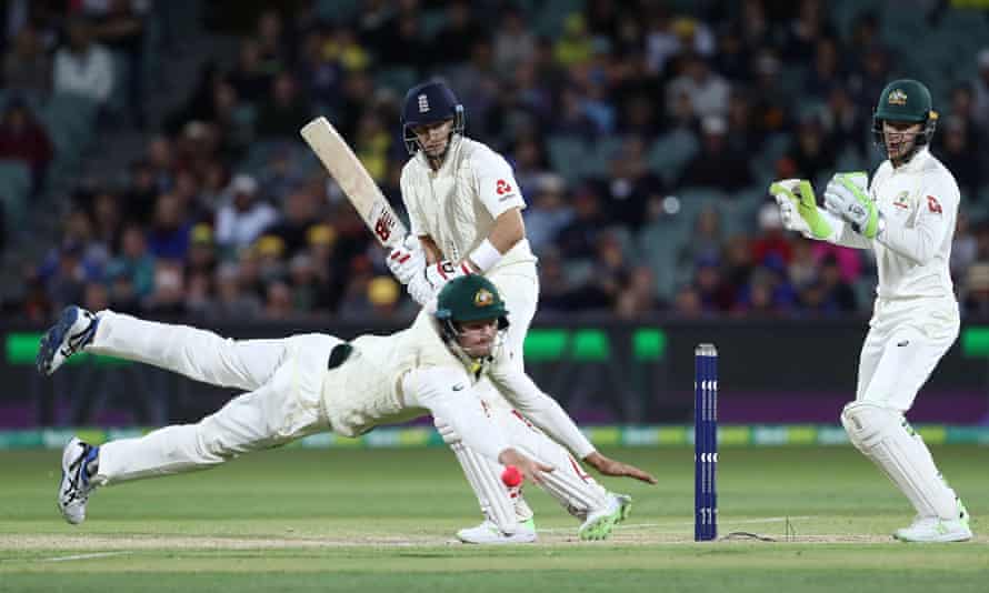 Joe Root plays a shot past a sprawling Cameron Bancroft in the 2017-18 Ashes Test at Adelaide, which Australia won by 120 runs just over four years ago.