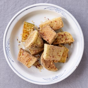 Sabrina Ghayour’s fried semolina-crusted aubergines with honey.