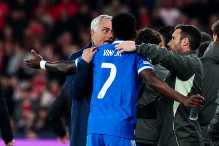 José Mourinho goes head to head with Vinícius Júnior during the Champions League tie between Benfica and Real Madrid in Lisbon in February
