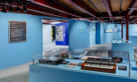 The synthesiser built by Bernard Sumner from a DIY kit. The exhibition space is painted the same shade of pale blue as the Haçienda.