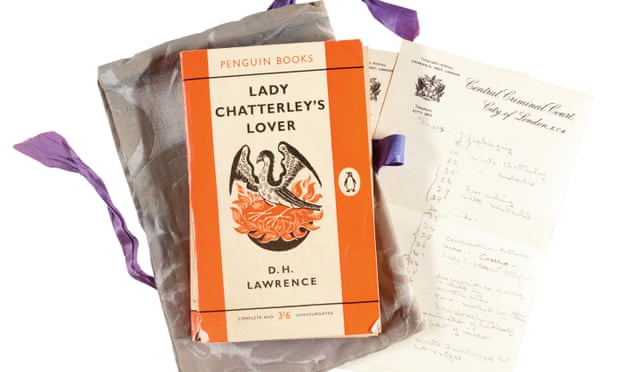 The copy of Lady Chatterley’s Lover owned by Judge Byrne, with the damask bag and list made by his wife Lady Dorothy Byrne.