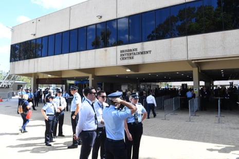 Outside the Brisbane Entertainment Centre where the service will be held