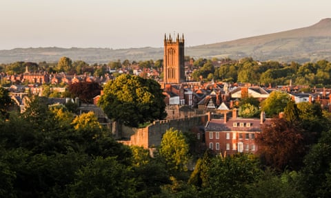 Distant View Of St Laurence Church, Ludlow, against Clear Sky, UK