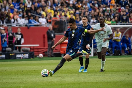 Casemiro of Brazil plays a pass against France.