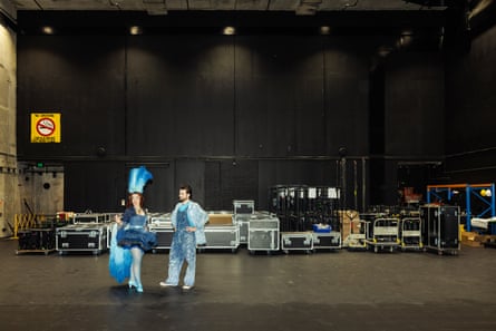 Opera Australia performers Emily Edmonds and Jeremy Kellerman in The Magic Fulte costumes back stage.