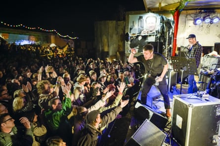 Sleaford Mods on stage at Banksy’s Dismaland, Weston-super-Mare, 2015