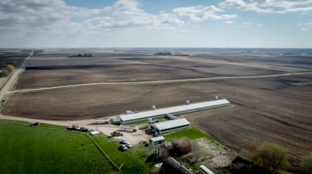 Aerial shot of a farm facility with a long farm building and a smaller one, surrounded by acres of dirt.