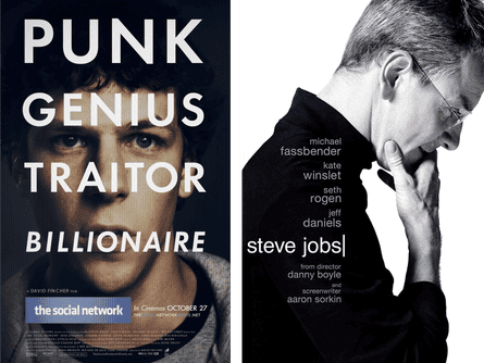 Film posters featuring fictionalized versions of Mark Zuckerberg and Steve Jobs