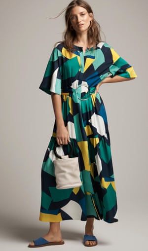 A model wears a colour-block geometric-print maxi dress.