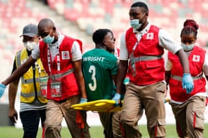 Sierra Leone’s Kevin Wright is stretchered off after sustaining an injury.